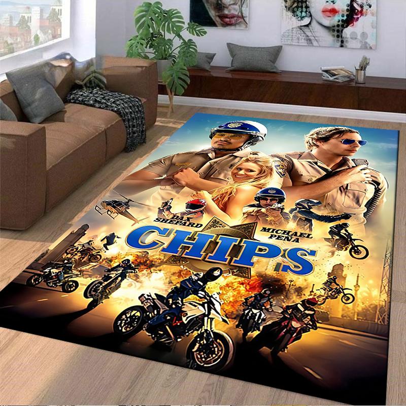 Durable Decorative Rug CHiPS Movie Motorcycle Cops Explosion Poster cute cartoon animated artwork non-slip area rug for lounge family room