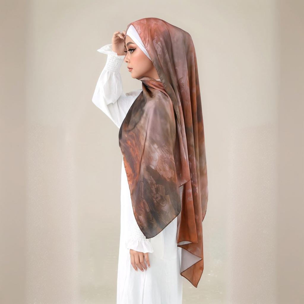 New Shimmer Satin Silk Hijab For Muslim Women Long Scarf Watercolor Print Headscarf Foulard Islam Head Cover Shawl Wrap Bandana