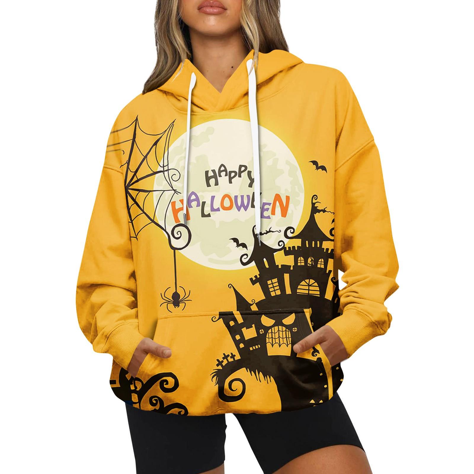 

Женская модная повседневная толстовка с капюшоном и принтом на Хэллоуин с длинными рукавами XL жёлтый