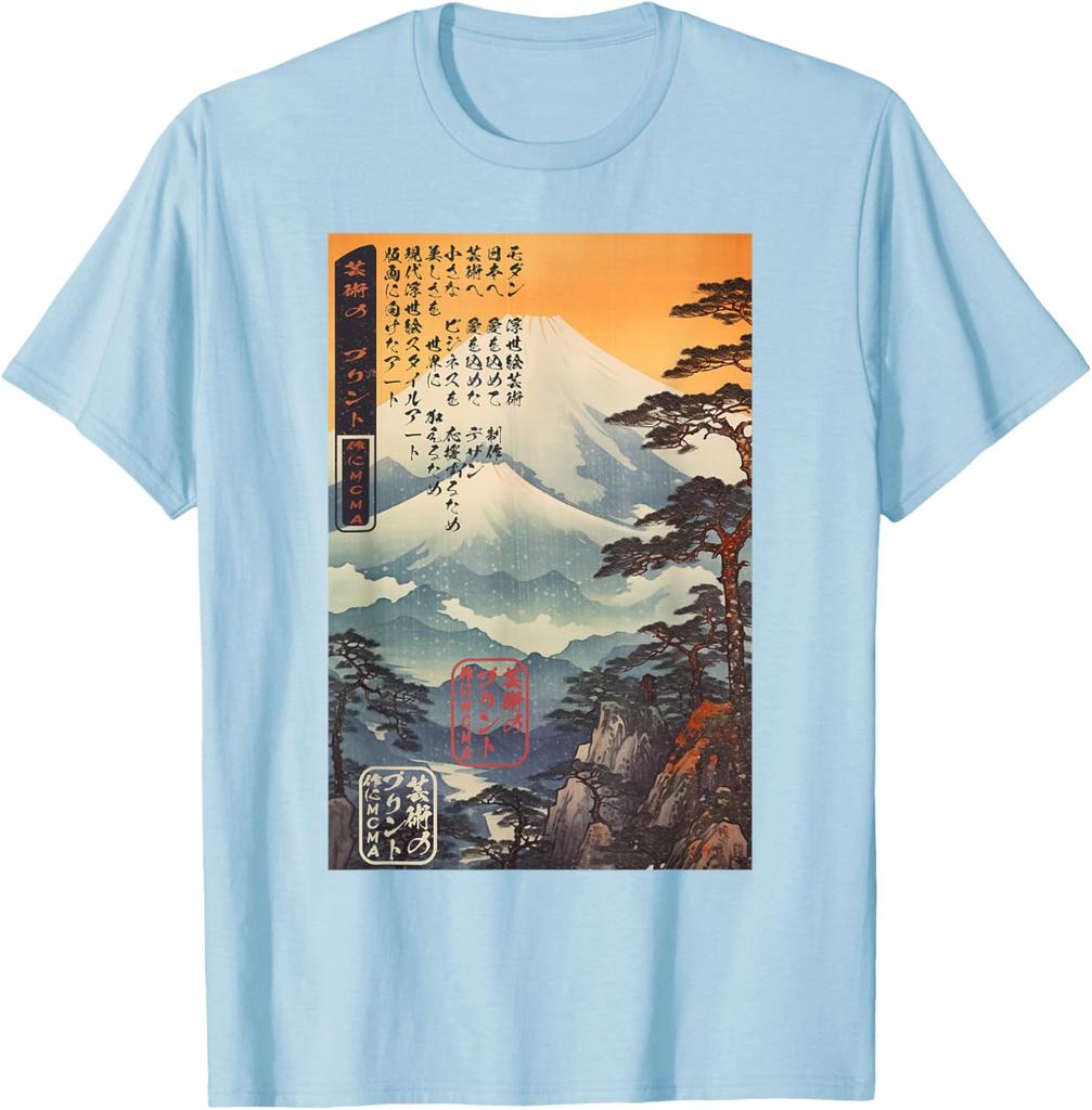 Ukiyoe Mount Fuji Landscape Japanese Woodblock Print Graphic Tee Mens Casual Short Sleeve TShirt