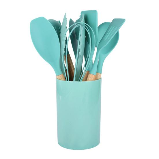 12Pcs Silicone Kitchenware Set Turner Spatula Spoon Non-Stick Heat Resistant Cooking Utensils with Wooden Handles Storage Bucket