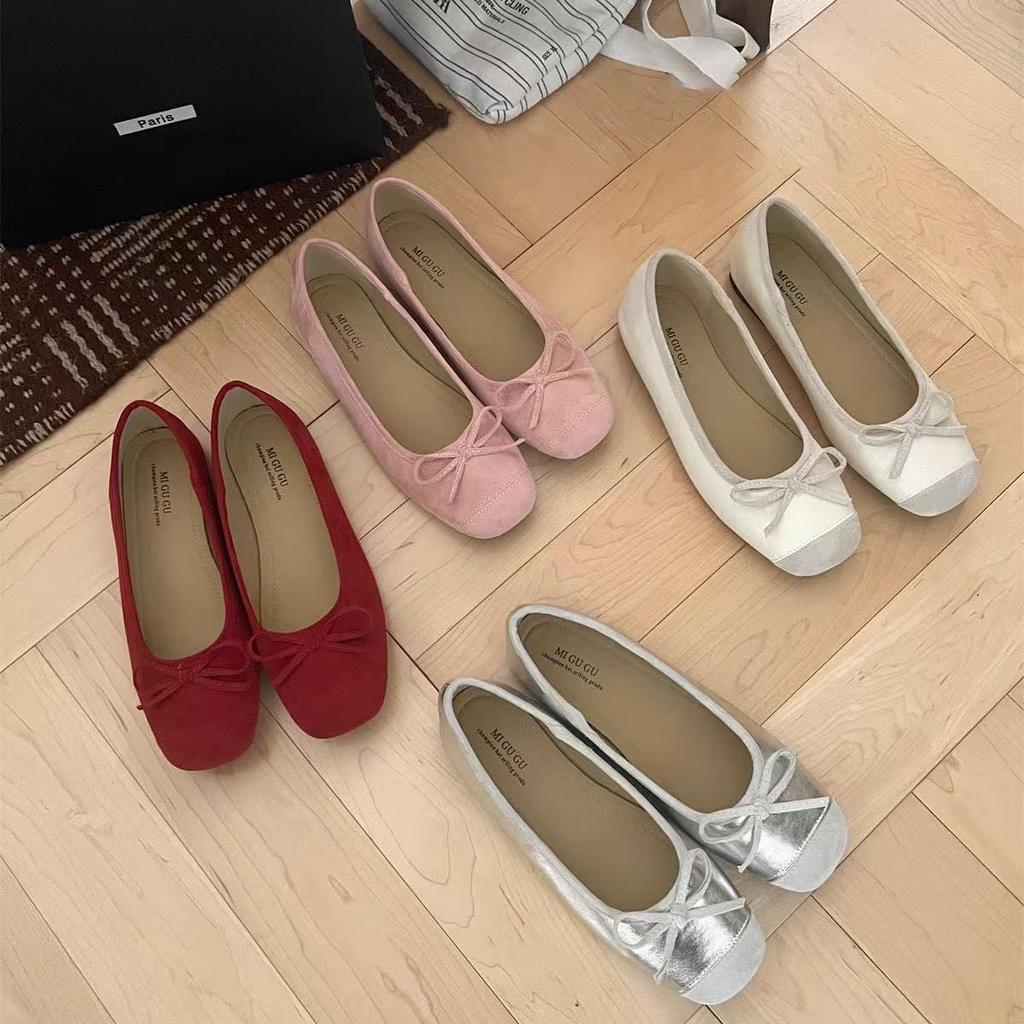 Casual ballet flat bottom small fresh versatile gray bow with soft bottom square head shallow mouth single shoes