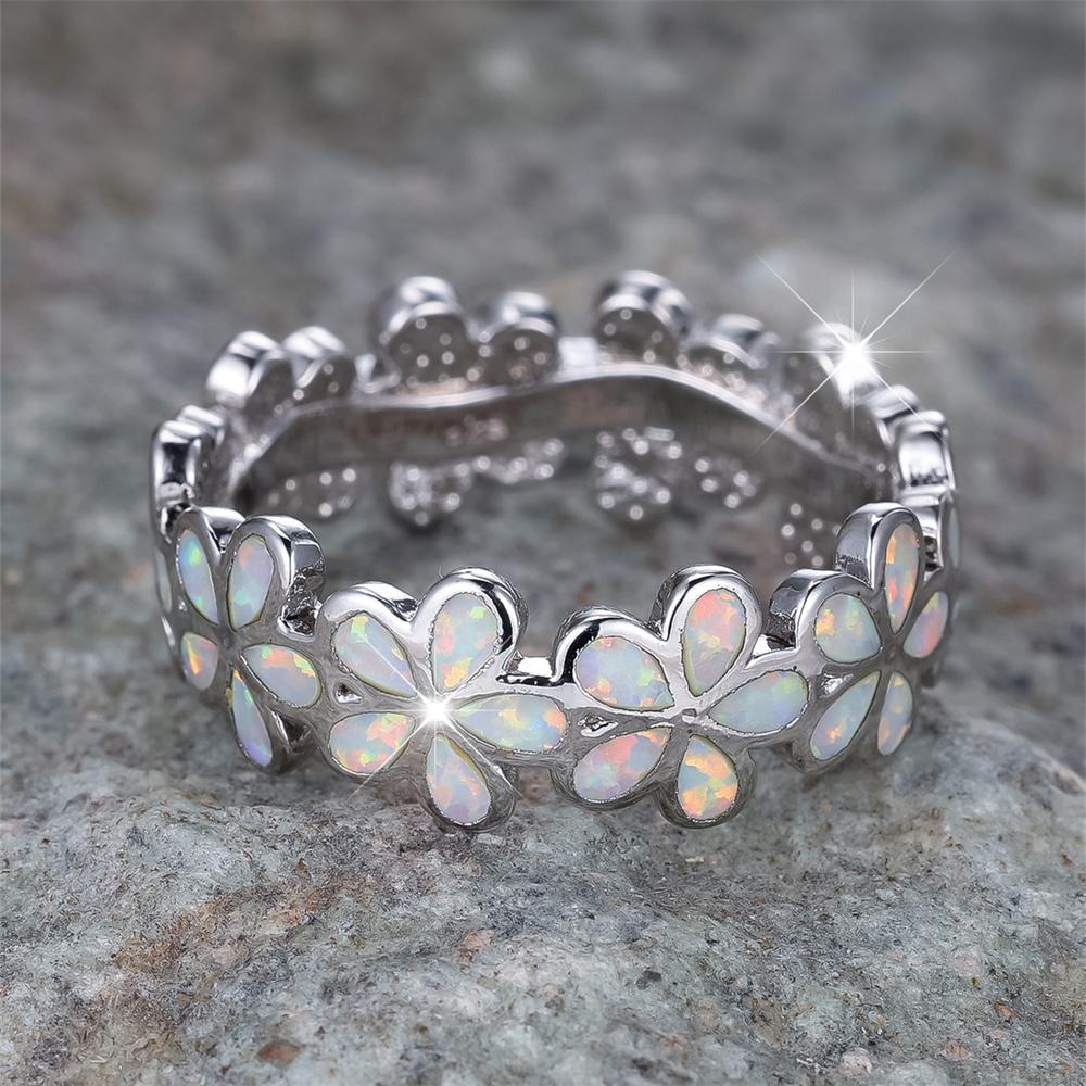 Cute Plumeria Flower White Fire Opal Rings For Women Vintage Silver Color Engagement Bands Jewelry Christmas Gifts