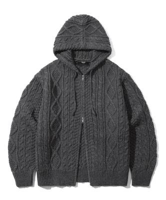 Pull Tricoté à Capuche et Fermeture Éclair Aran à Motifs torsadés Lavable TRILLION (charbon)