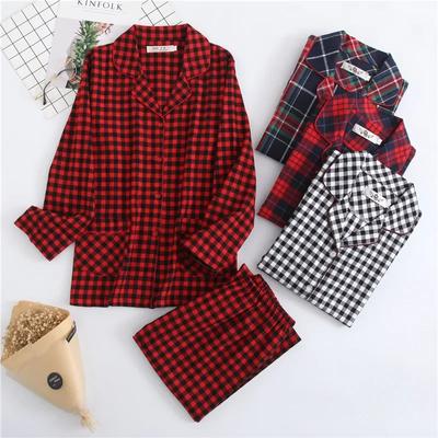 Women's Autumn and Winter Cotton Brushed Flannel Long-sleeved Cardigan Plaid Clothes with Long Trouser Womens Two Piece Sets