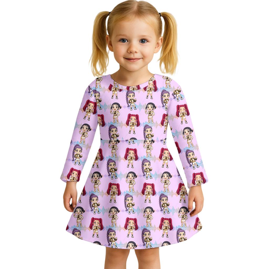 Dziewczęca Sukienka Codzienna Casualowa Uroczy Kreskówkowy Nadruk Długi Rękaw Strój do Tańca Sukienka Księżniczki 2-12 Lat