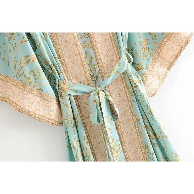 Moda Donna Stampa Floreale Verde Manica a Pipistrello Rayon Spiaggia Boemo Kimono Scollo a V Da Donna Robe Boho