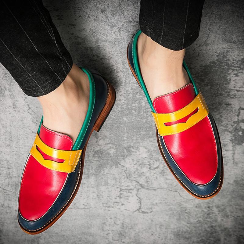 Retro Trend New Patchwork Penny Loafers Men Pointed Slip On Casual Shoes Wedding Dress Homecoming Footwear Zapatos Hombre