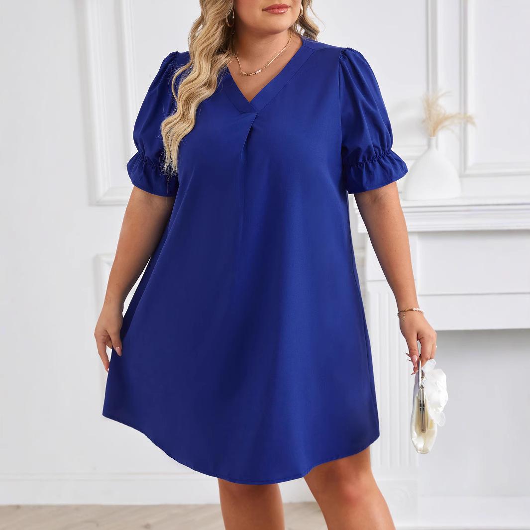 

Однотонное короткое платье с v-образным вырезом для женщин, платье со свободной талией и короткими рукавами с оборками, повседневное базовое платье для работы и отдыха, летнее дышащее мягкое платье большого размера 5XL