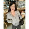 Women's Gray Hooded Zip-Up Sweatshirt: Petite Design for Early Autumn and Spring Wear
