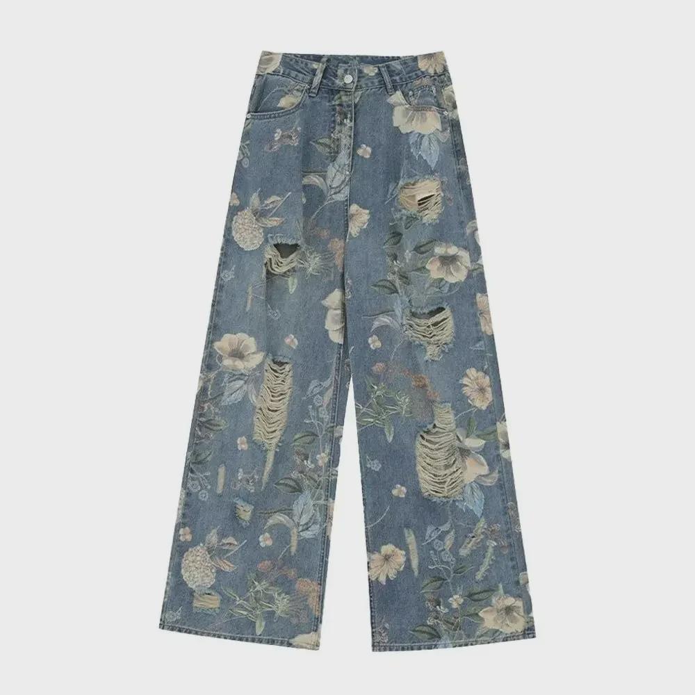 

Жіночі літні широкі рвані джинси з високою талією і квітковим принтом 2024 року Medium синій