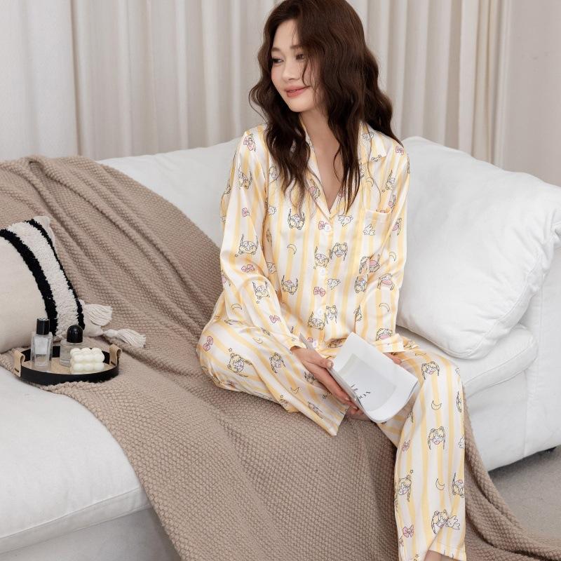 New ice silk pajamas women's spring and autumn long-sleeved cardigan striped cat print loungewear can be worn outside Internet celebrity suit