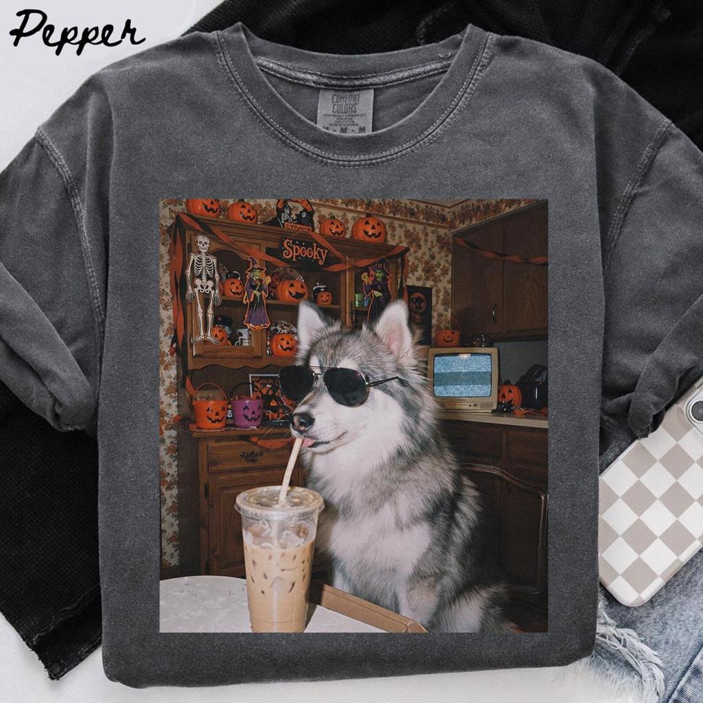 Pomsky Dog Halloween Comfort Colors Shirt, Iced Coffee Dog Mom T-shirt, Funny Mothers Day Gifts, Dog Mama Tee, Trendy Pet Tshirt