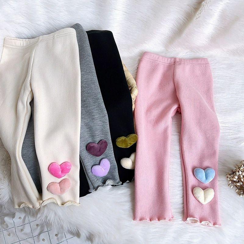 Girls' Fall/Winter Fleece-Lined Outerwear Pants Stylish Heart-Patterned Slim-Fit Fleece Leggings Children's Clothing