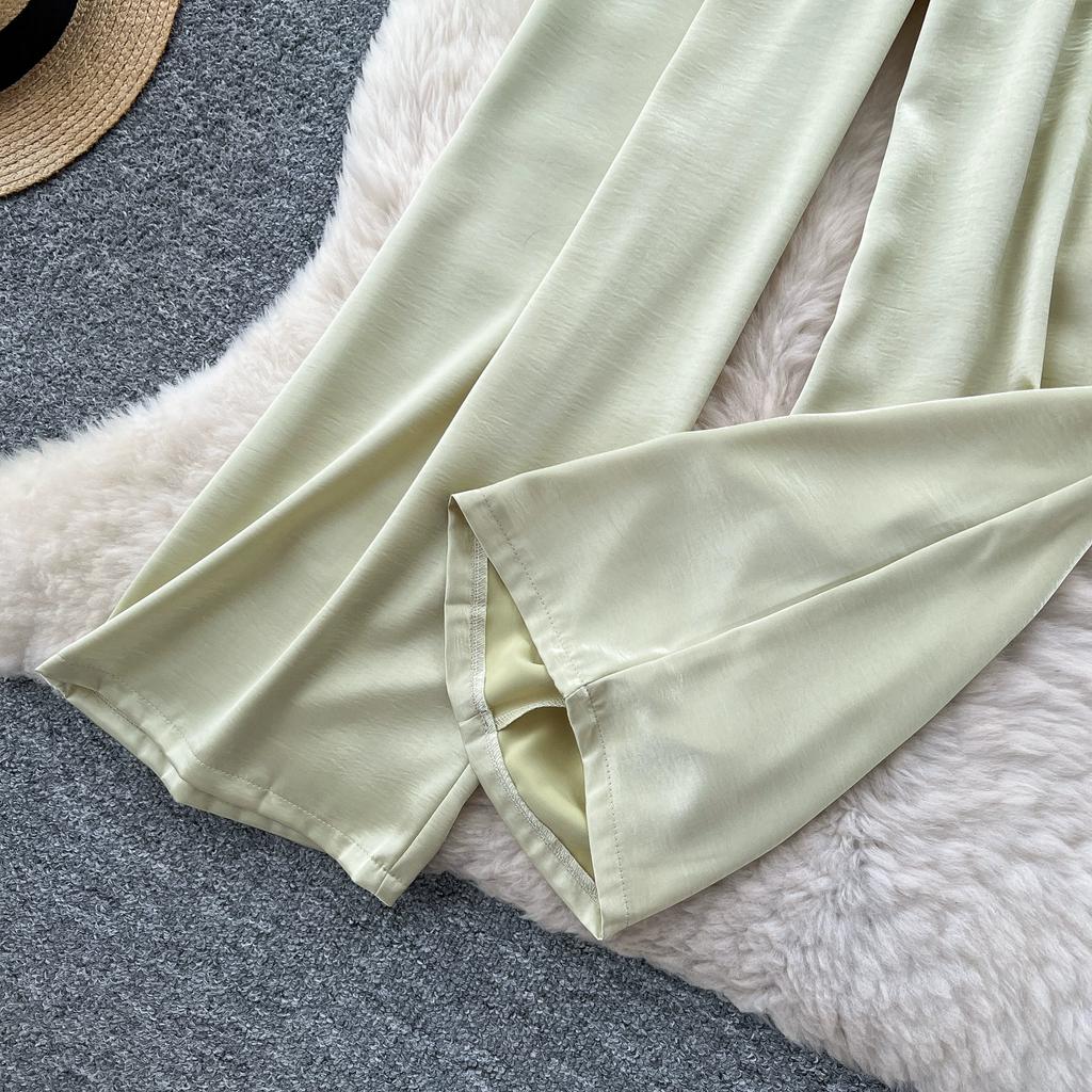 Summer Women Casual Smooth Satin High Waist Pant Trouser with Pocket for Girls