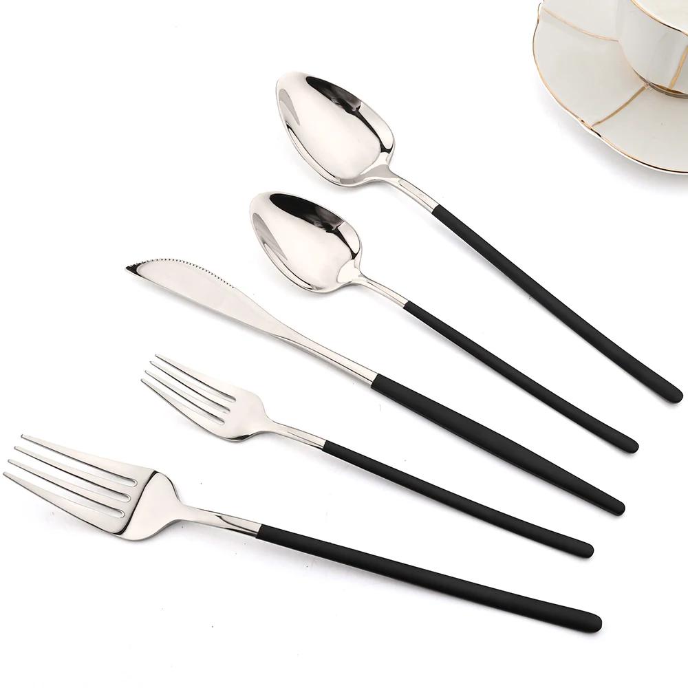 24Pcs Black Silver Dinnerware Set Stainless Steel Dinner Knife Fruit Fork Spoon Cutlery Set Kitchen Tableware Silverware Sets