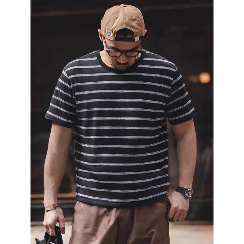 American vintage round Neck Knitted Stripes Short sleeve T-shirt Men's Summer Base Foreign Trade Export to Domestic Sales Men's T-shirt