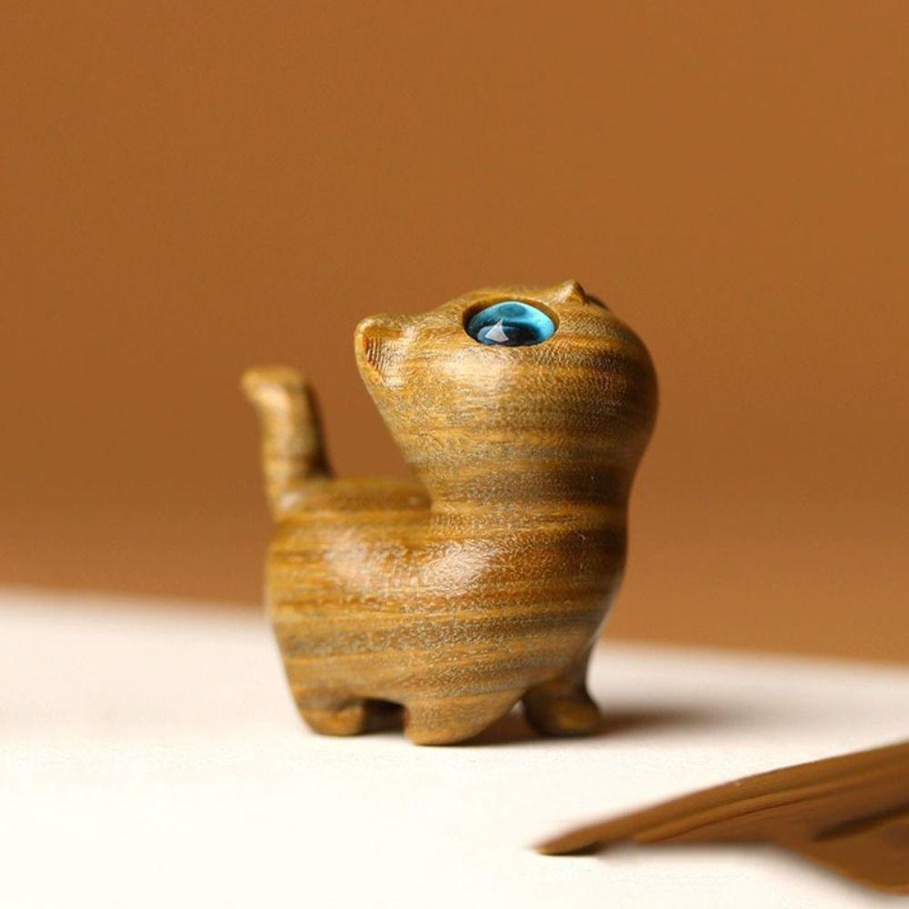 Sandalwood Cat Desktop Figurine Kawaii Animal Sculpture Office Figurine Animal Doll Toy  Home
