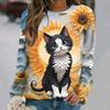 Flowers Cat  Long Sleeves Women Colorful Animal 3D Clothing  Tops O-Neck Cotton Clothes T-Shirt