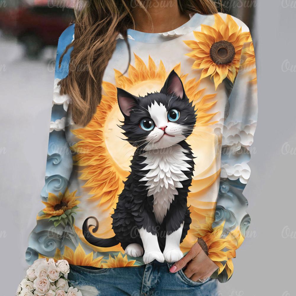 Flowers Cat  Long Sleeves Women Colorful Animal 3D Clothing  Tops O-Neck Cotton Clothes T-Shirt