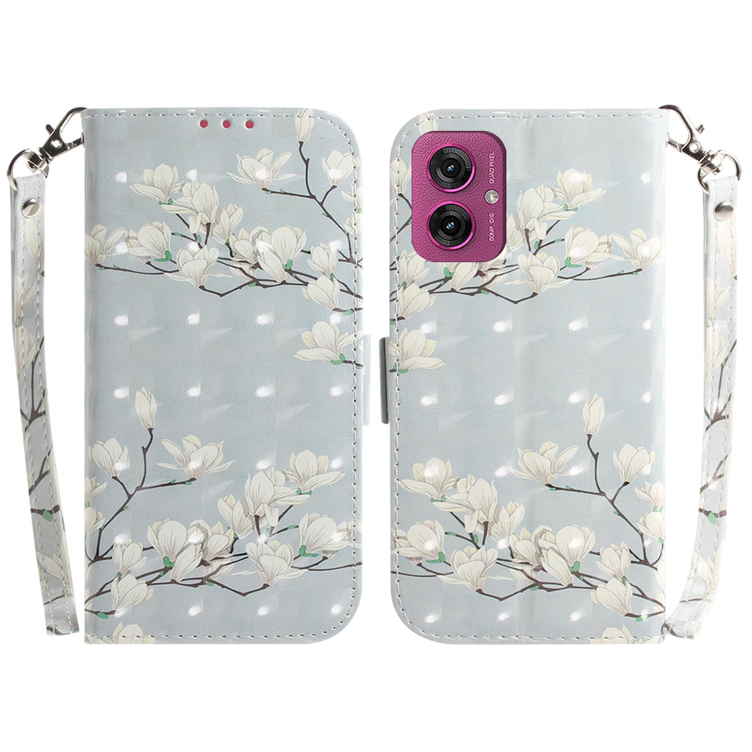 

For Motorola Moto G55 5G Case Pattern Printing Leather Wallet Phone Cover with Wrist Strap Magnolia