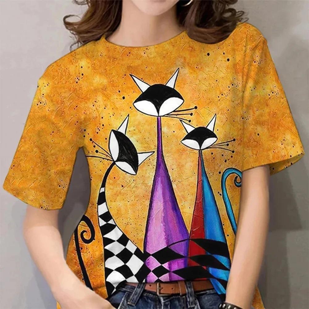 Abstract Cat Sketch 3D Digital Printing Women's Comfortable Round Neck Short Sleeve T-shirt