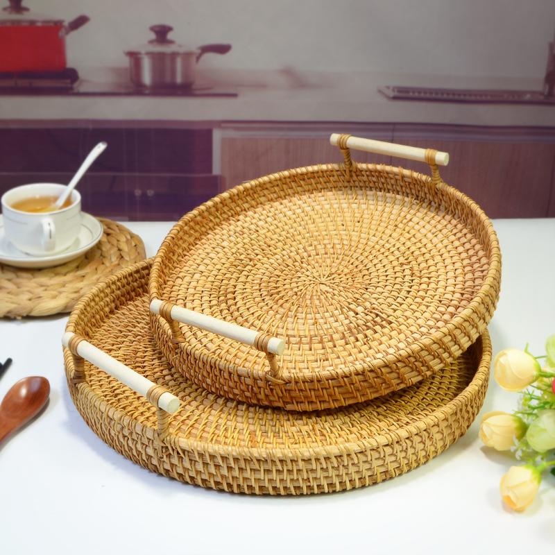 Dinner Serving Tray Breakfast Bread Food Plate Handwoven Rattan Storage Tray Round Shape Fruit Cake Wicker Basket With Handle