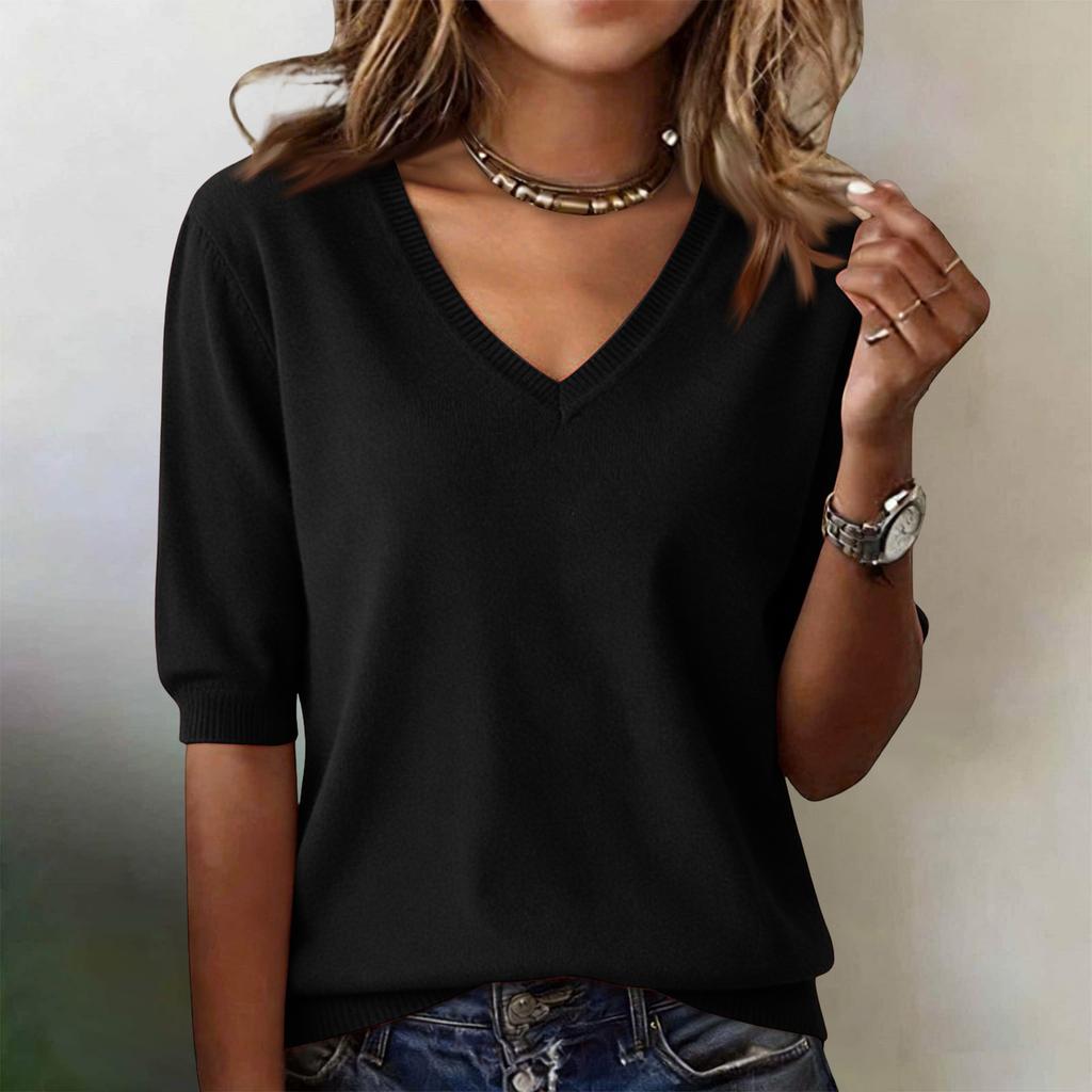 Fashion Women's Knitted V-neck Sweater Loose Bottoming Shirt T-shirt