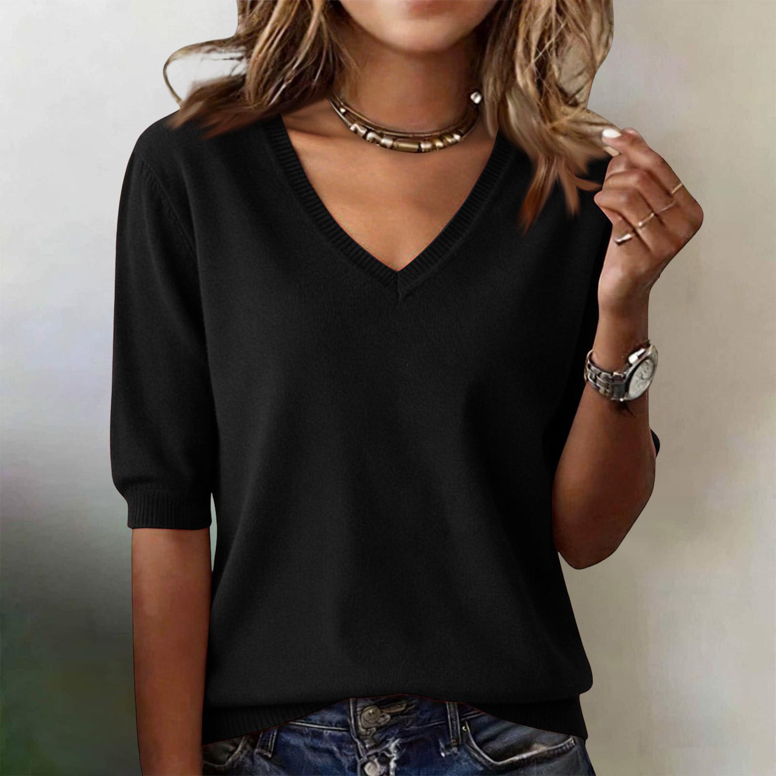 Fashion Women s Knitted V-neck Sweater Loose Bottoming Shirt T-shirt L чёрный