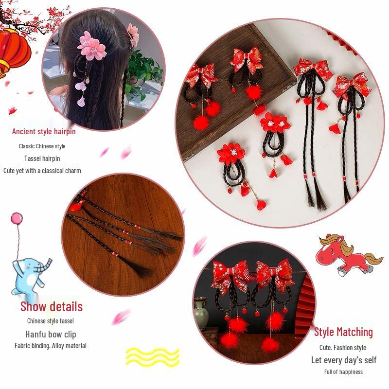 Chinese New Year Red Hair Clip with Pompon & Tassels for Baby Girl Hanfu