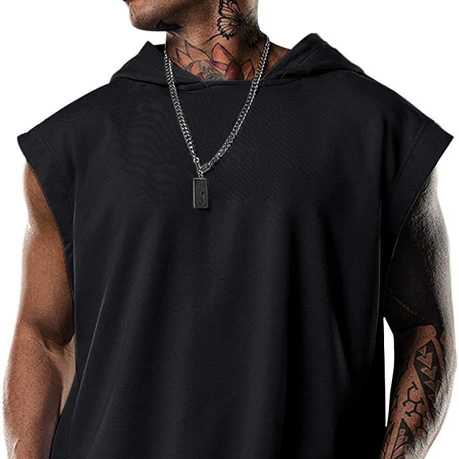Summer Men's Vest Simple Training Sports Casual Sleeve Hooded Clip Europe and The United States Fashion Men's Solid Color Vest Daily Fitness