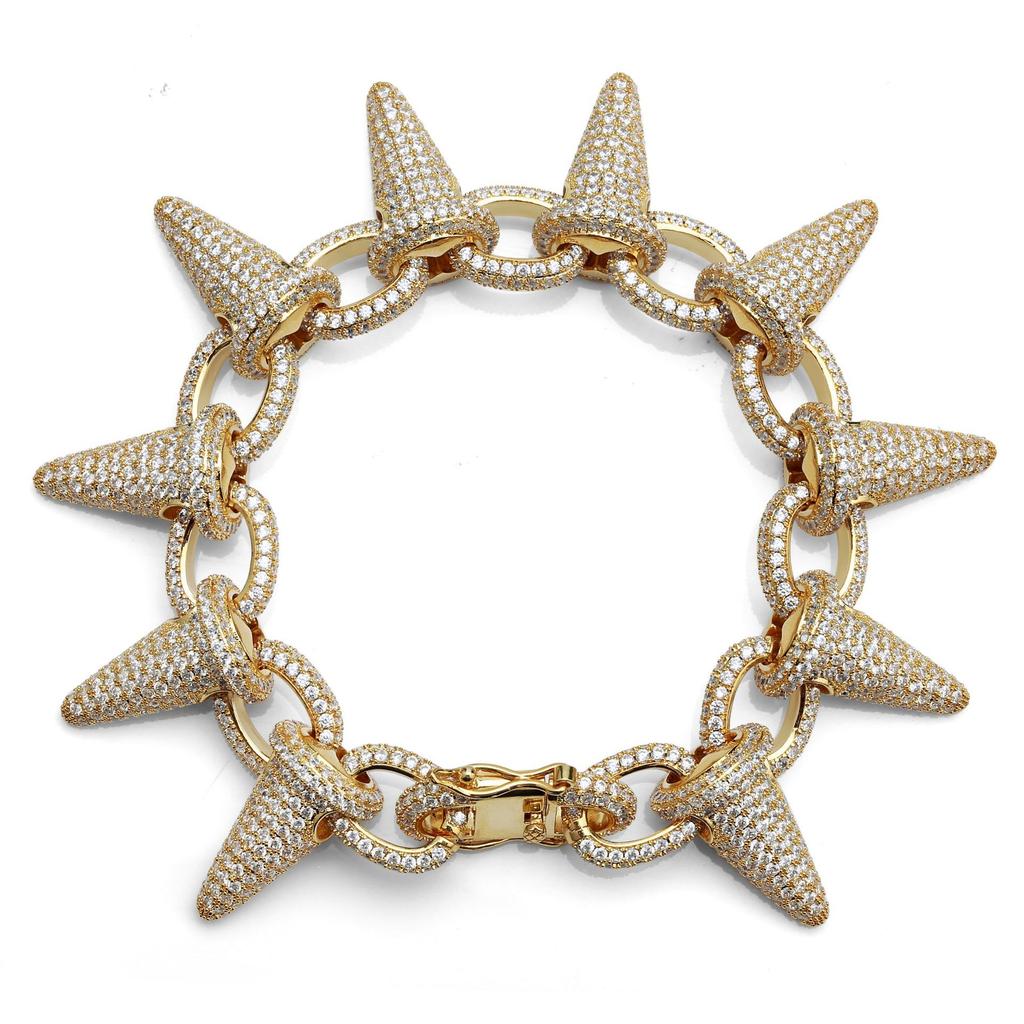 New 28mm Luxury Punk Rock Iced Out Rivet Spikes Cuff Bangles Bracelets Bling Cubic Zircon HipHop Gold Silver Gifts for Men Women