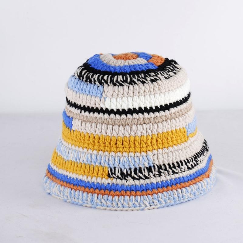Popular Female Hat Knitting Bucket Hat Handmade Crochet Rainbow Fisherman Hat Women Girl Photo Beanie Warm Striped Cap