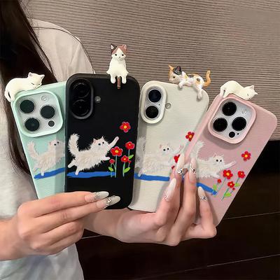 3D Puzdro na telefón pre iPhone 11 13 17 Pro Max 17 Air Case iPhone 13 15 16 Pro Max 12 14 Pro Max 14 15 Plus Roztomilá 3D Mačiatko Kreslená Koža