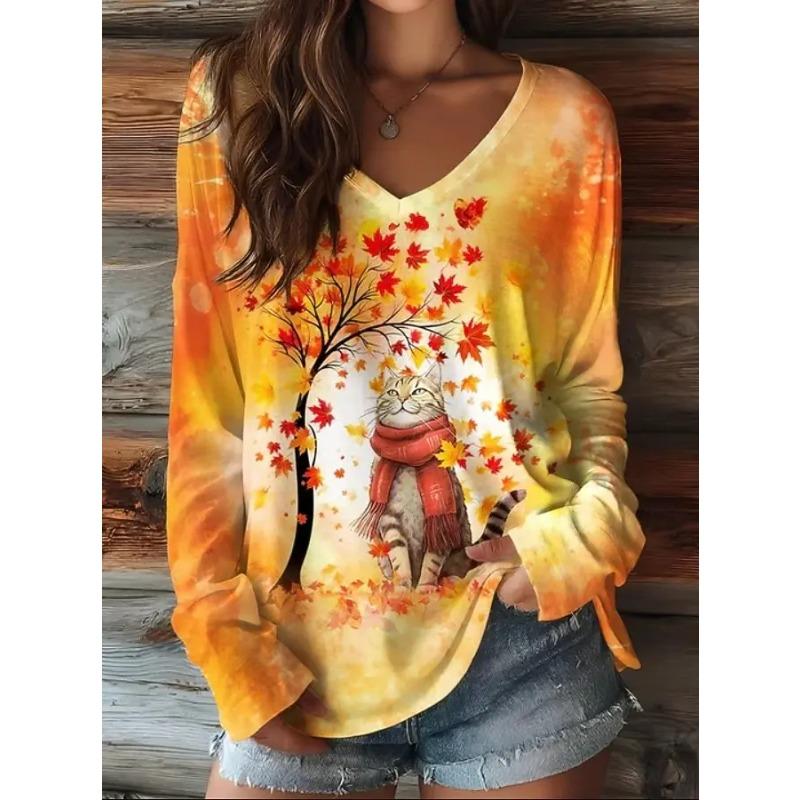 Women's T-Shirts Floral Graphic Animal Cat T-shirts Fashion Long Sleeve V-Neck Regular Tops Casual Pullover For Fall