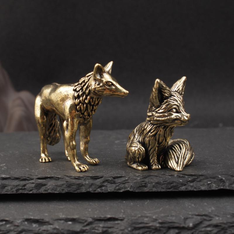 Brass Fox Statue Cute Fox Miniature Figurines Desk Ornament Decorations Accessories Copper Animal Sculpture Home Decor Crafts