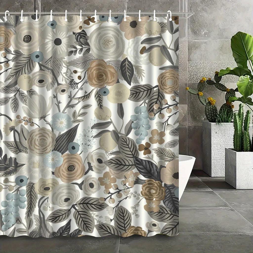 1pc Floral leaf pattern shower curtain, polyester fabric, machine washable, with hooks, suitable for bathroom décor.