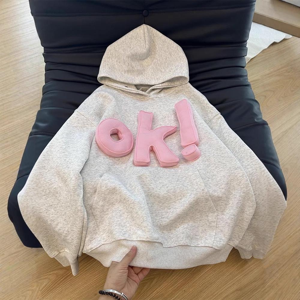 

Women s Pink OK Letter 3D Hoodie - Loose Fit for Early Spring to Winter Large