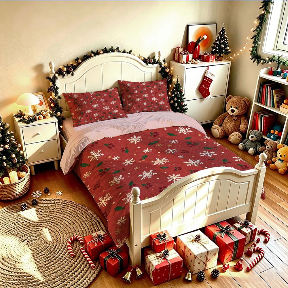 Christmas Duvet Cover Set 3Pcs Red White Snowflake Gold Star Print Soft Microfiber Bedding with Pillowcases Decor