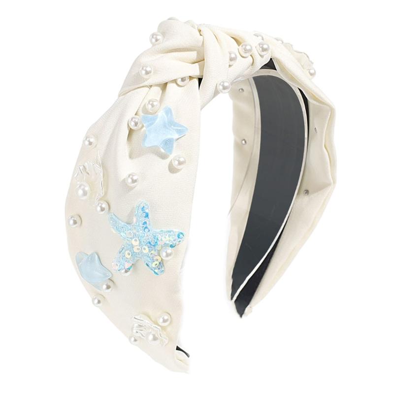 

Shell Faux Pearls Knot Hairband For Women Girls Braided Headbands Wide Hair Band Beach Holiday Hair Accessories бежевий