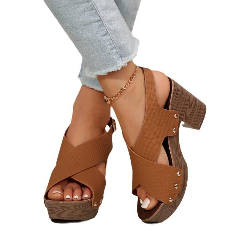 Large Size High-heeled Sandals for Women In Spring and Summer 2025 Simple Thick Heel with Exposed Toe Buckle, Casual Cool Slippers