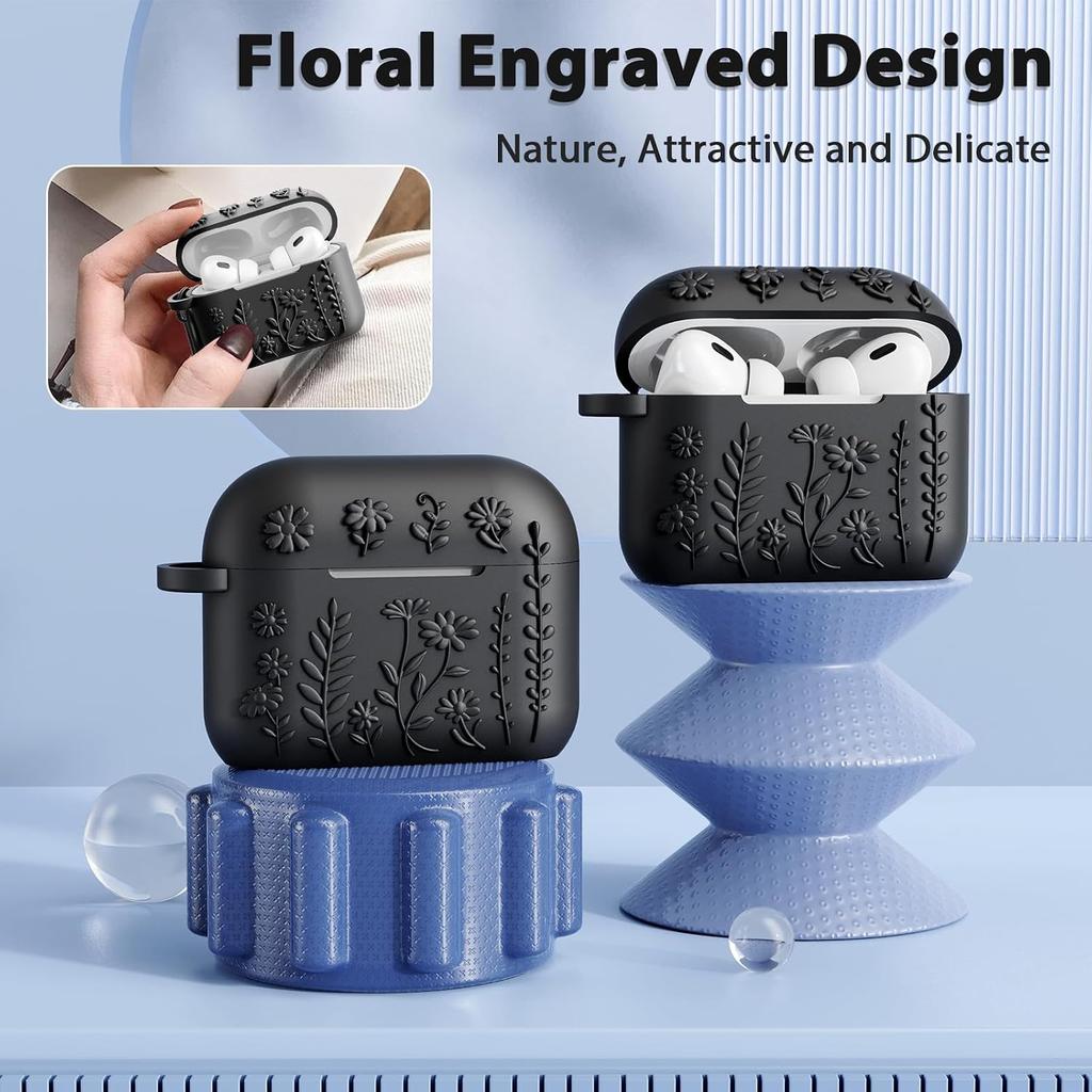 AIRSPO Airpod Pro 2nd Generation Case, 3D Floral Embossed Soft Silicone Protective Cover with Cleaner Kit for Apple Airpods Pro 2nd 1st Gen Case with
