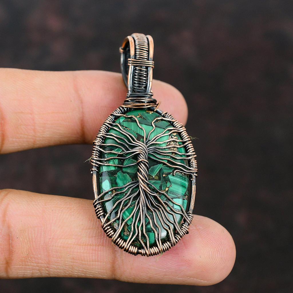 Pandantiv Piatră Prețioasă Malahit Cupru Arborele Vieții Pandantiv Înfășurat în Sârmă de Cupru Bijuterii Arborele Vieții Pandantiv Lucrat Manual Pandantiv de Designer Pentru Femei