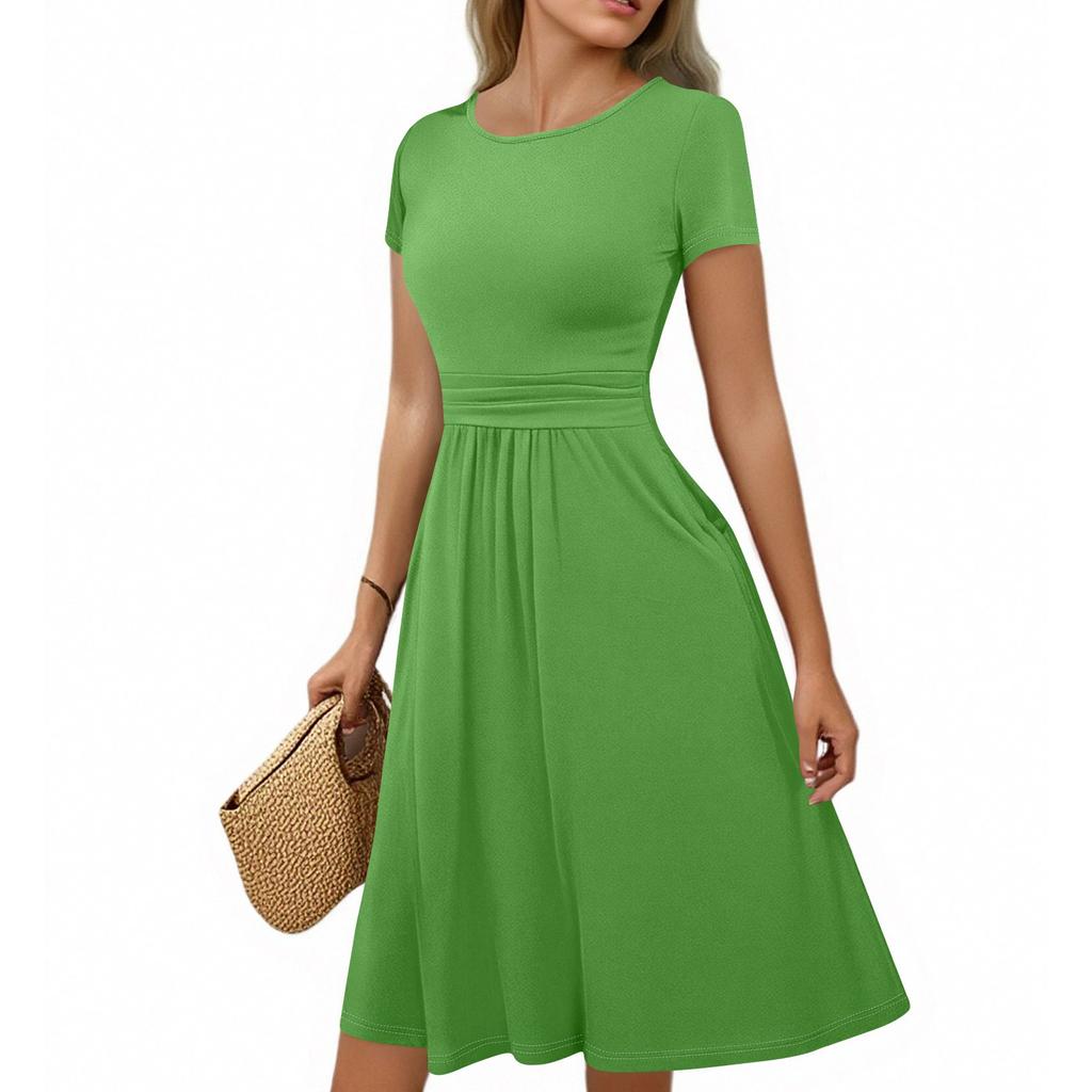 Women's Casual Fashion Round Neck Pleated Short Sleeve Solid Color A-Line Midi Dress