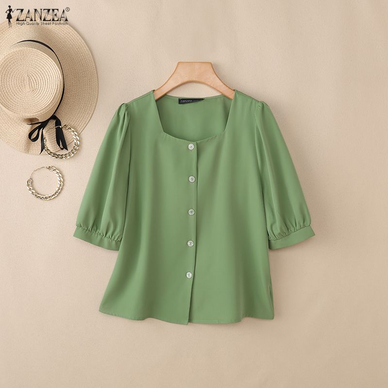 ZANZEA Women Casual Square Collar Solid Color Loose Half Sleeve Blouse
