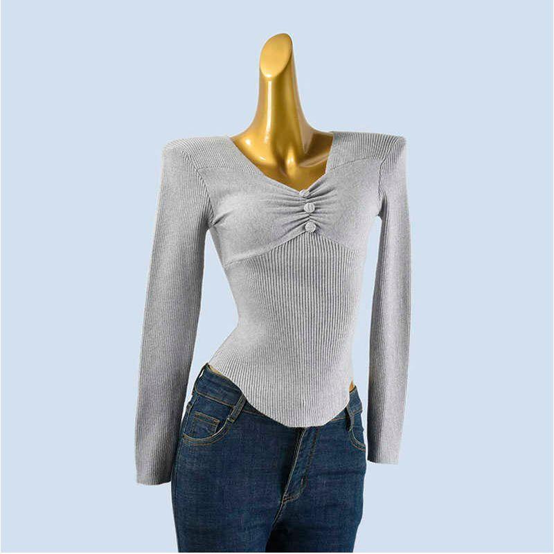 Pure Desire Pleating V-neck Buttons Waist Trimming Short Knitwear Female Autumn Retro Silm Slim Looking Thread Sweater Top