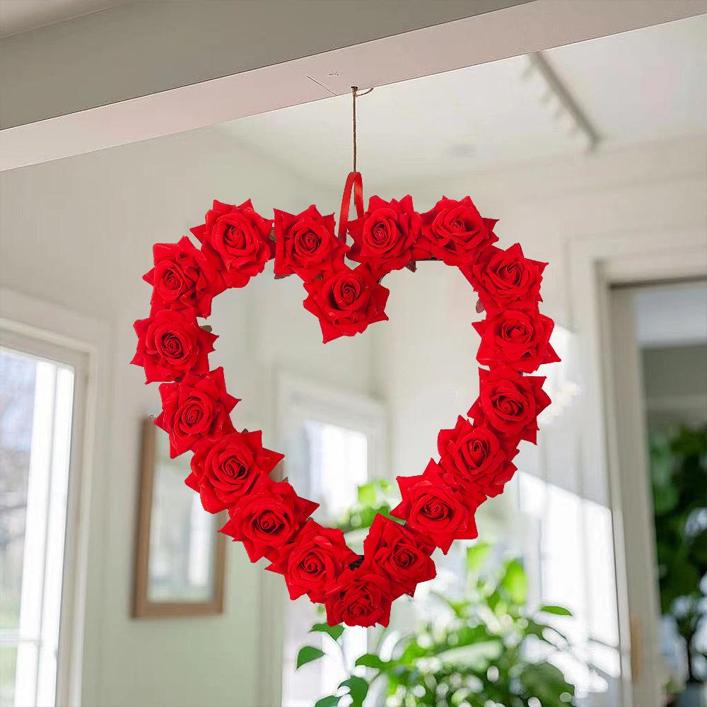 Valentine'S Day Love Red Rose Wreath Door Hanging Couple Party Decoration Rattan Pendant Wedding Scene Decoration