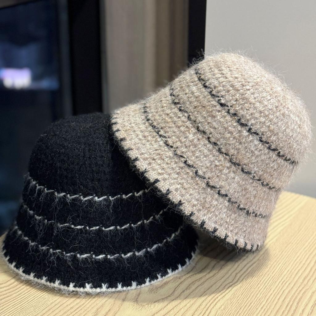 Korean-style autumn and winter fisherman hat for women, new versatile color-blocking design, makes the face look smaller, knitted bucket hat,