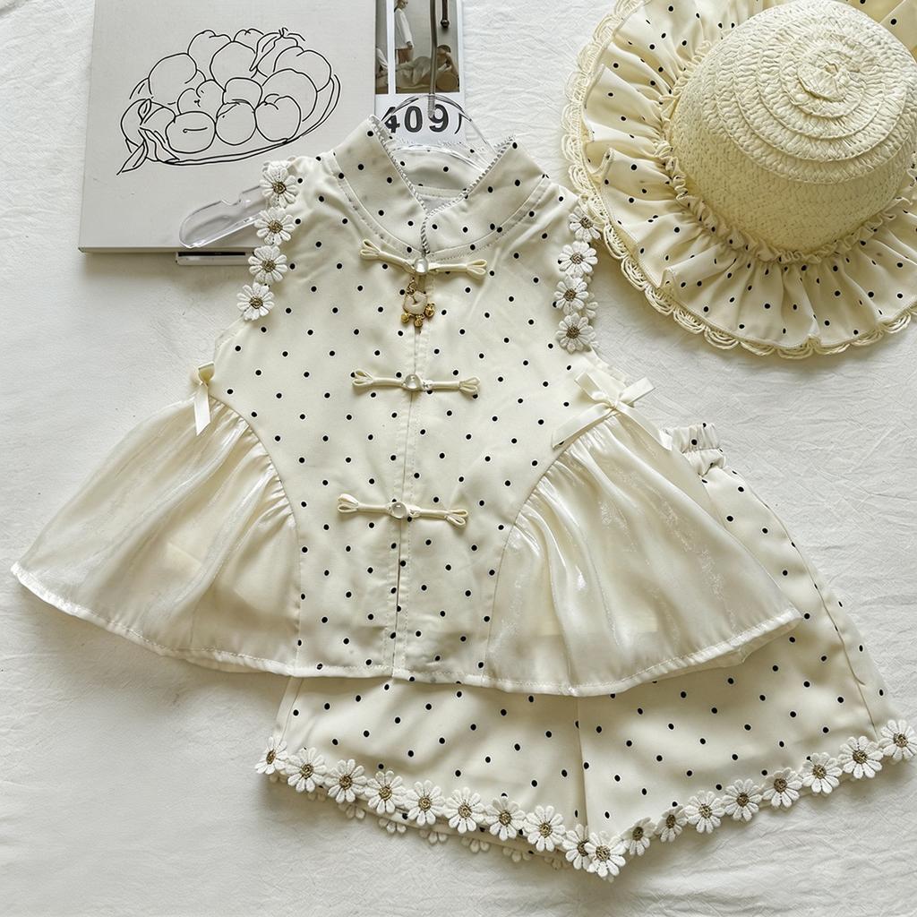Girls New Chinese Polka Dot Stand Collar Frog Button Sheer Top And Daisy Ruffle Shorts Two Piece Summer Outfit Set