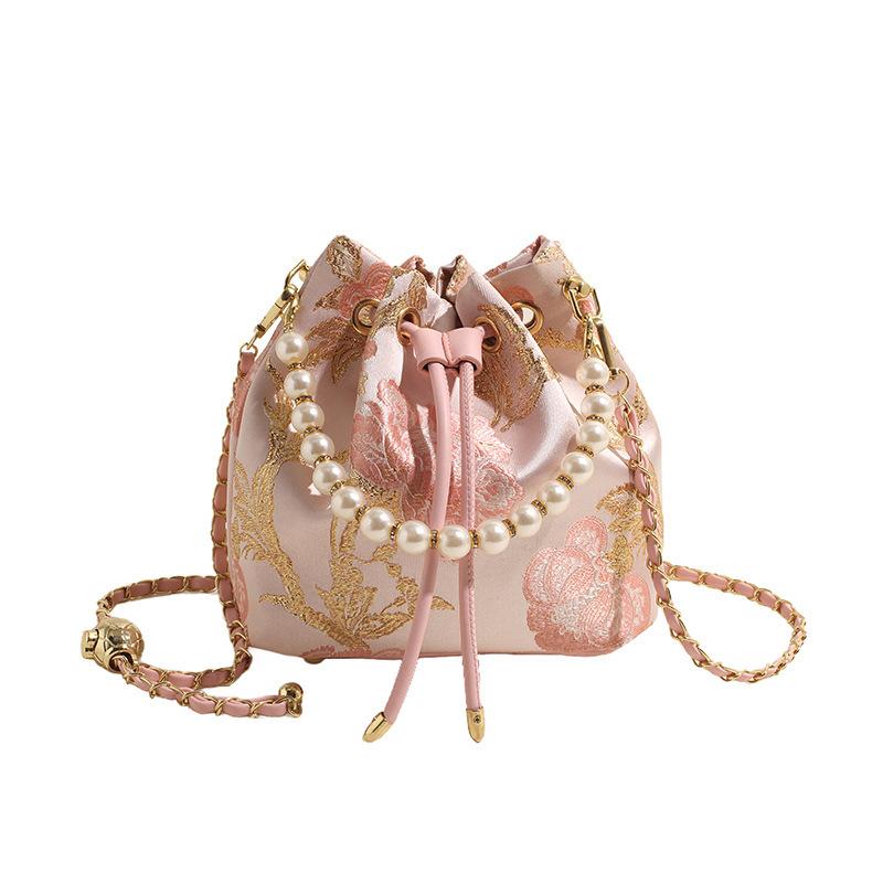 2026 Newest Chinese Style Embroidered Bucket Bag Small Pearl Chain Natial Handbag Luxury Crossbody Bag Gifts For Lady